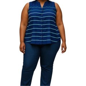 Tommy Hilfiger Navy and Teal Striped Blouse, Size XL